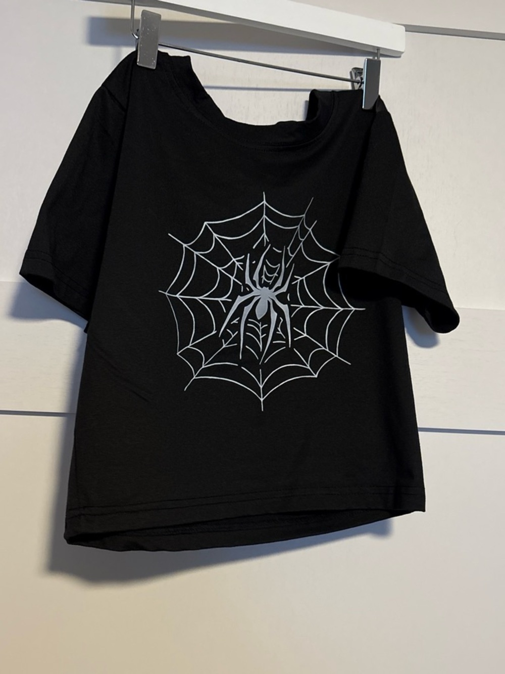 Halloween Black Tee with Silver Spider Web Graphic